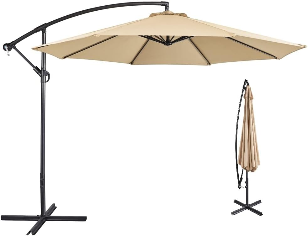 Parasol Umbrella 3m Outdoor Sun Shade Banana Hanging Parasol Beach Umbrella with Crank Handle &amp; Cross Base &amp; Ribs Tan