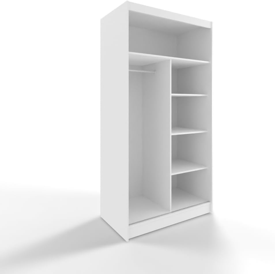 White Series 100 cm Sliding Door Wardrobe with Mirror Widths 100/120/150/180/200/250 cm Furniture for Bedroom Living Room Wardrobe with Hanging Rail