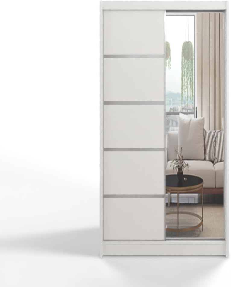 White Series 100 cm Sliding Door Wardrobe with Mirror Widths 100/120/150/180/200/250 cm Furniture for Bedroom Living Room Wardrobe with Hanging Rail