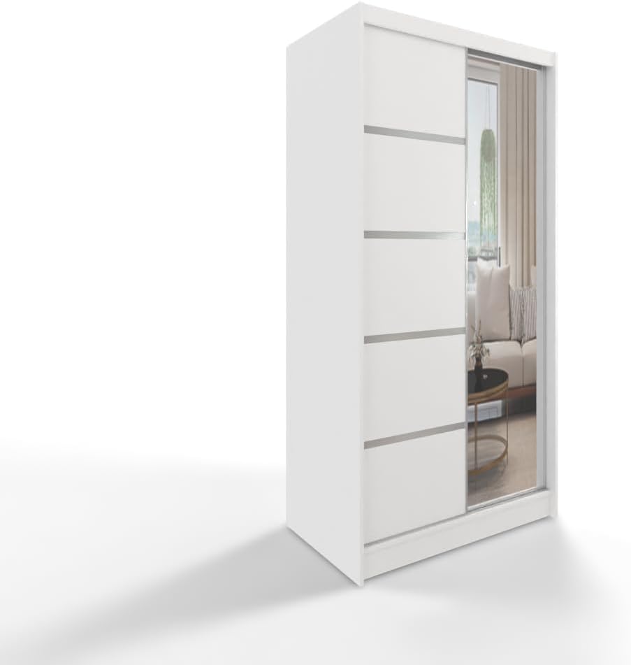 White Series 100 cm Sliding Door Wardrobe with Mirror Widths 100/120/150/180/200/250 cm Furniture for Bedroom Living Room Wardrobe with Hanging Rail