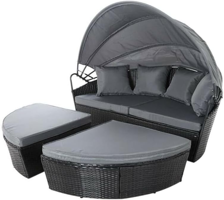 4 Piece Modular Round Rattan Wicker Patio Garden Furniture Daybed Sun Lounger Set with Extendable Canopy and Conversation Seat Cushions (Black)