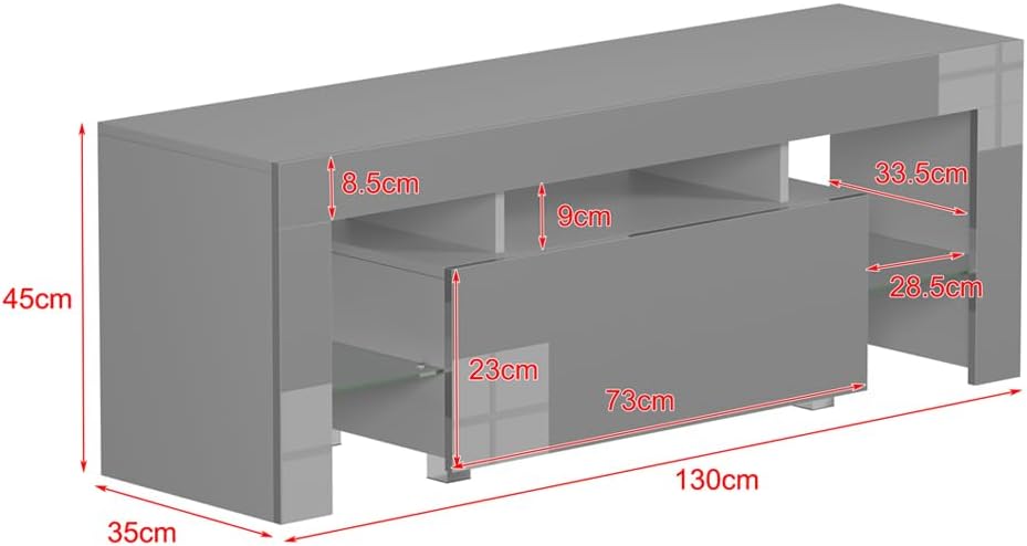 130cm High Gloss Grey TV Stand Cabinet With RGB LED Lights