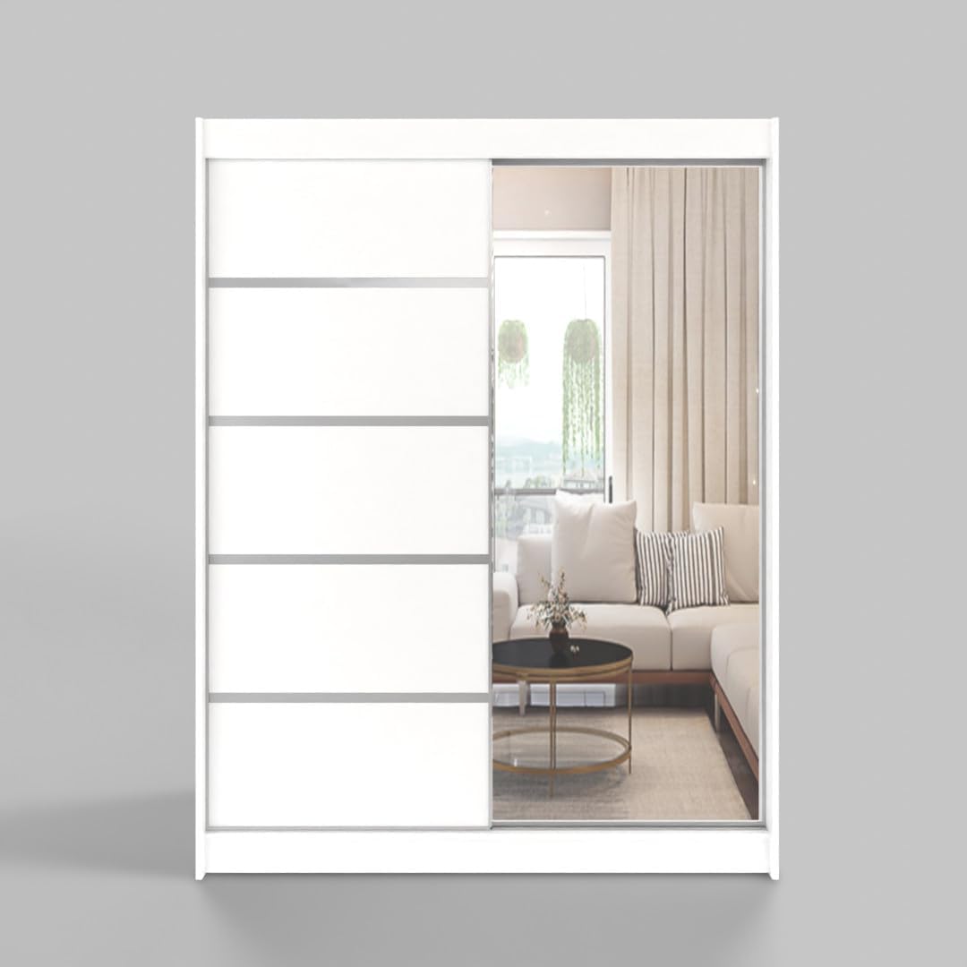 White Series 150 cm Sliding Door Wardrobe with Mirror Widths 100/120/150/180/200/250 cm Furniture for Bedroom Living Room Wardrobe with Hanging Rail