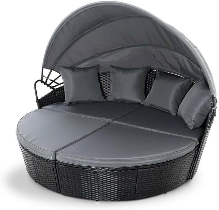 4 Piece Modular Round Rattan Wicker Patio Garden Furniture Daybed Sun Lounger Set with Extendable Canopy and Conversation Seat Cushions (Black)