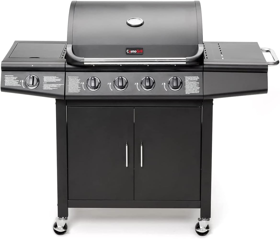Barbecue 4+1 - Deluxe Grill BBQ with Side Ring Burner Black (Barbecue with Cover)