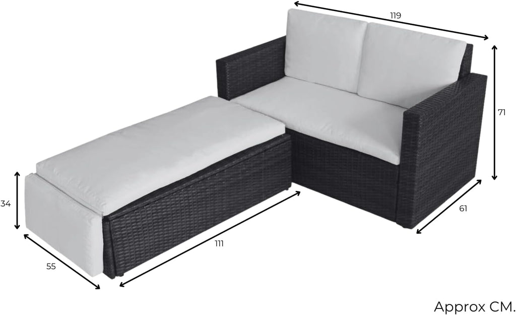 2 Seat Rattan Garden Furniture Patio Outdoor Sofa Set Daybed Sun Lounger with Cushions and Adjustable Footstool for Balconies Patios Conversation (Brown)