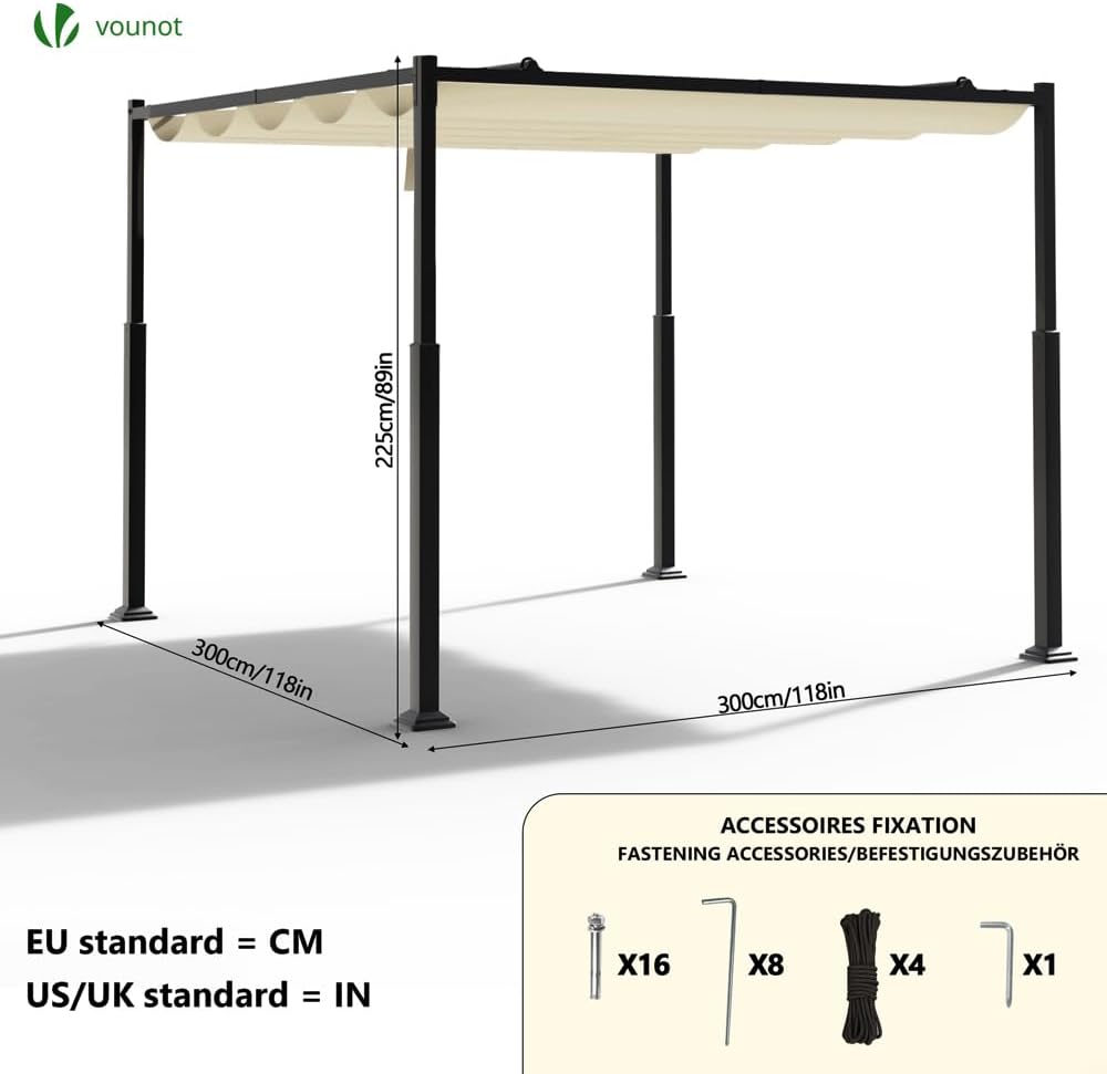 3x3m Metal Pergola with Retractable Roof