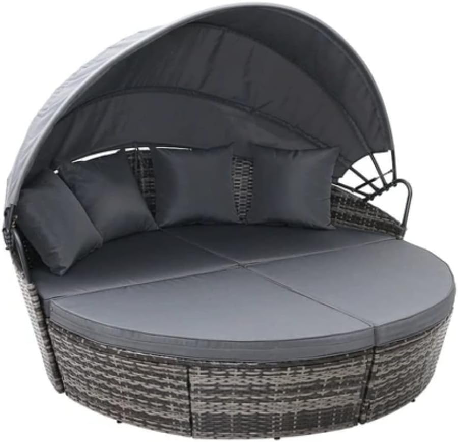 Bali 4 Piece Modular Round Rattan Wicker Patio Garden Furniture Daybed Sun Lounger Set with Extendable Canopy and Conversation Seat Cushions (Mixed Grey)