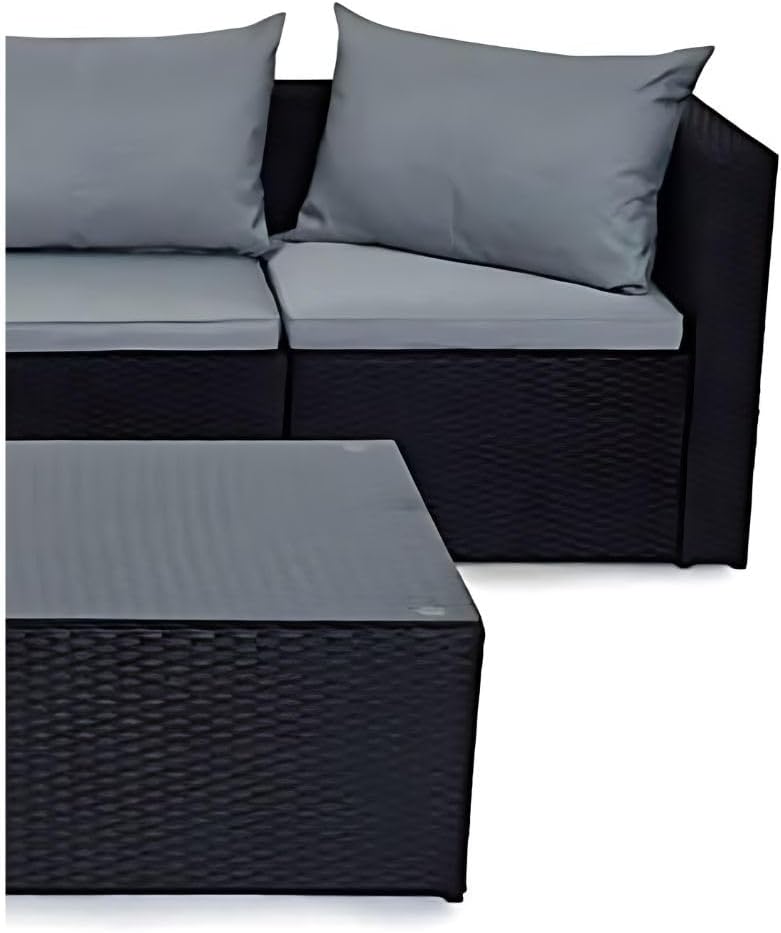 Black Outdoor Rattan Garden Furniture Set for Patio Conservatories with 5 seat Modular Sofa Glass Top Coffee Table Foot Stool Cushions and Fade Resistance (Black)