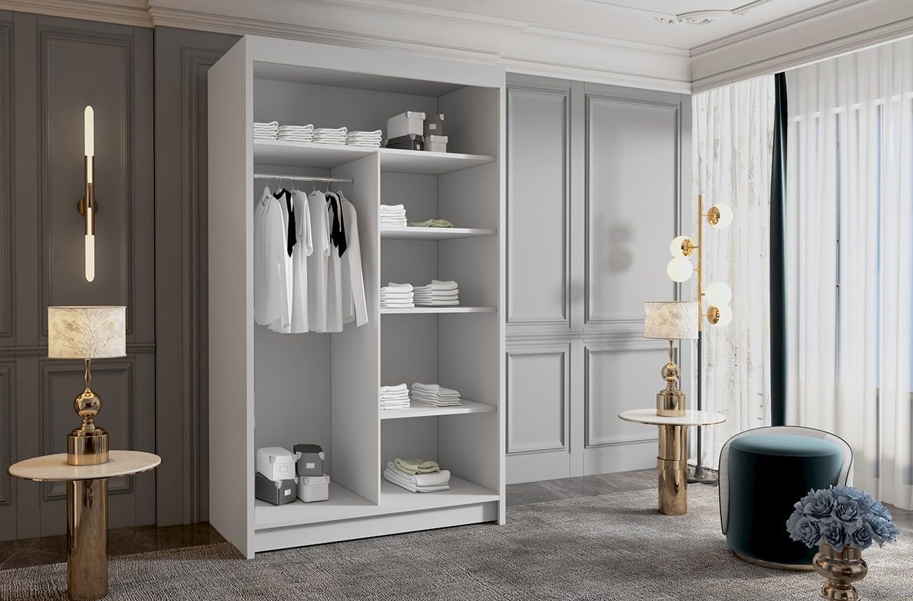White Series 100 cm Sliding Door Wardrobe with Mirror Widths 100/120/150/180/200/250 cm Furniture for Bedroom Living Room Wardrobe with Hanging Rail