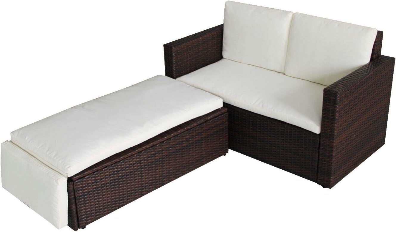 2 Seat Rattan Garden Furniture Patio Outdoor Sofa Set Daybed Sun Lounger with Cushions and Adjustable Footstool for Balconies Patios Conversation (Brown)