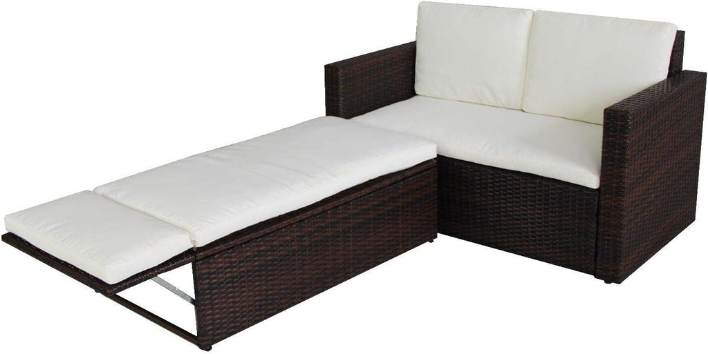 2 Seat Rattan Garden Furniture Patio Outdoor Sofa Set Daybed Sun Lounger with Cushions and Adjustable Footstool for Balconies Patios Conversation (Brown)
