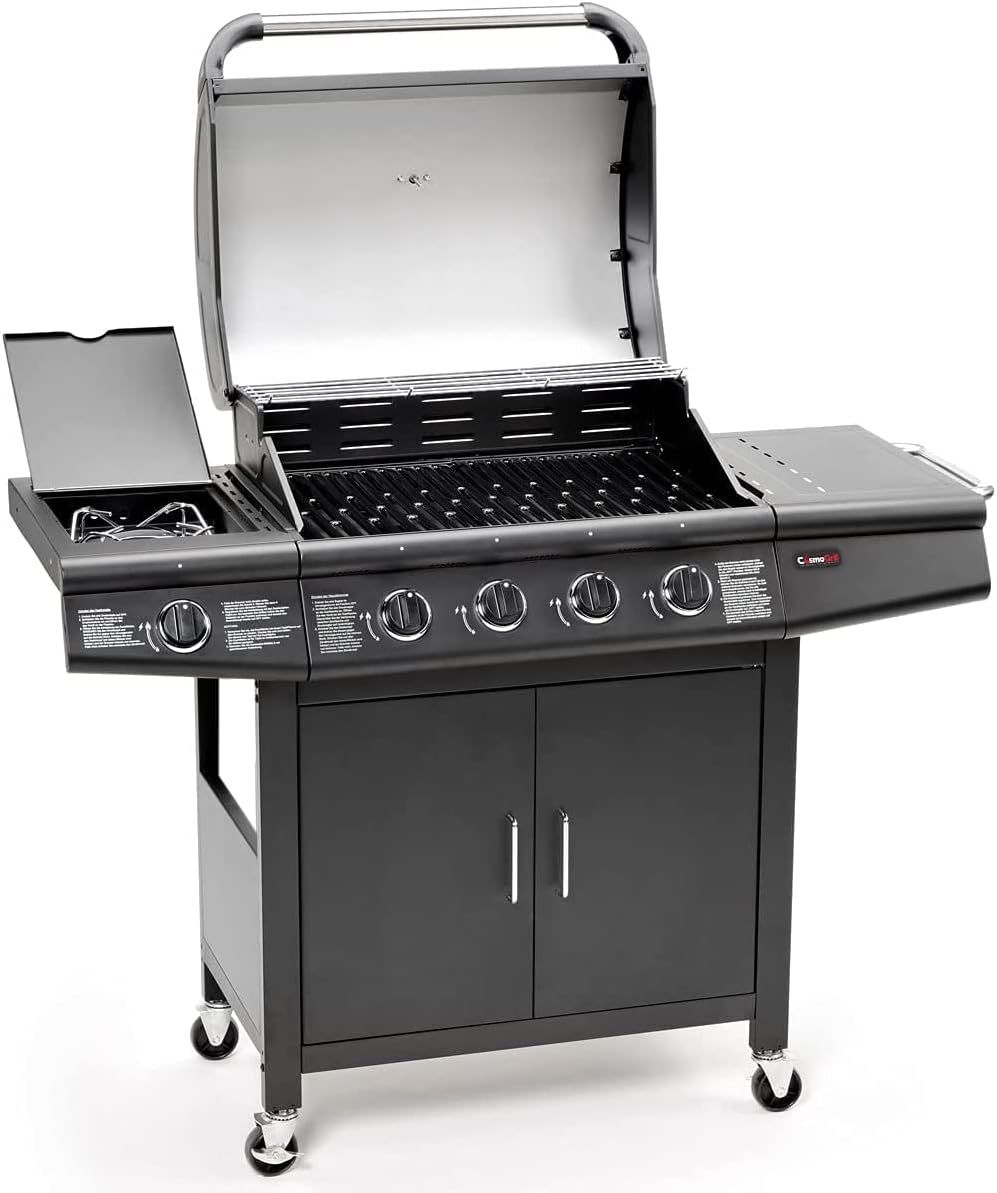 Barbecue 4+1 - Deluxe Grill BBQ with Side Ring Burner Black (Barbecue with Cover)
