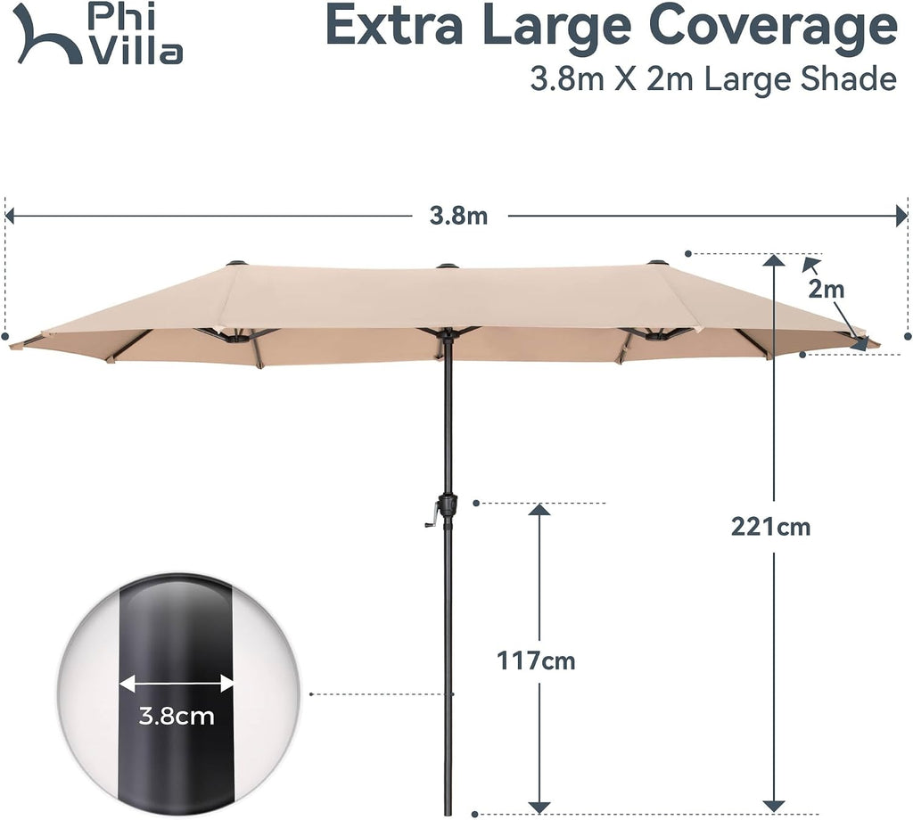 2×3.8m Garden Parasol Umbrella for Sun Protection Patio Outdoor Umbrella Waterproof with Crank
