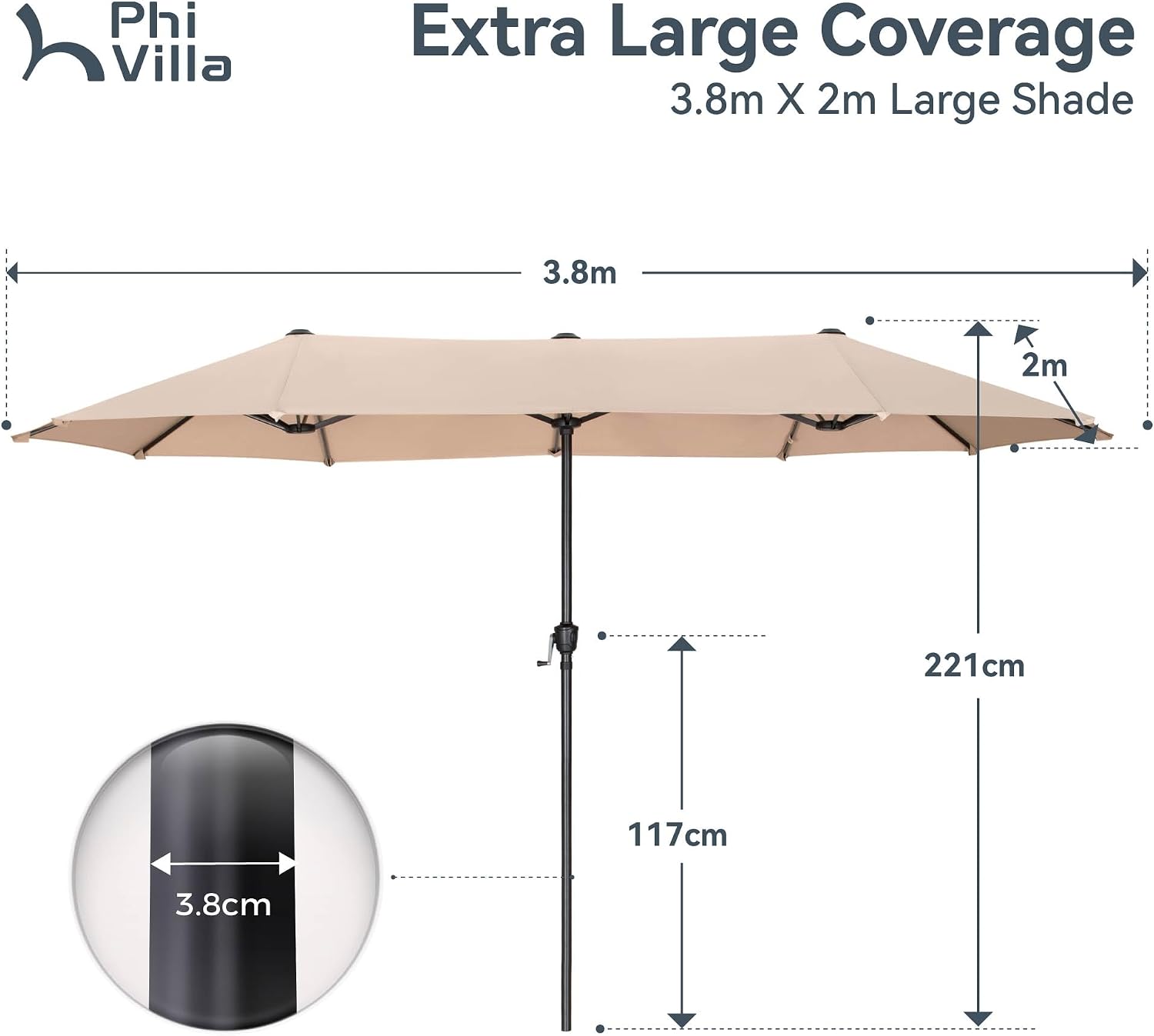 2×3.8m Garden Parasol Umbrella for Sun Protection Patio Outdoor Umbrella Waterproof with Crank