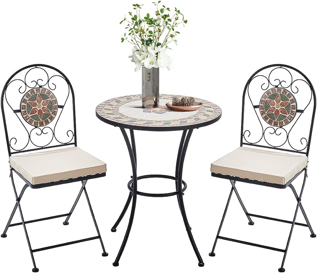 Set Mosaic Table and Chairs Garden Dining Table 2 Folding Chairs with Cushion Outdoor Coffee Table and Metal Chair Seat for Balcony