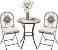 Set Mosaic Table and Chairs Garden Dining Table 2 Folding Chairs with Cushion Outdoor Coffee Table and Metal Chair Seat for Balcony
