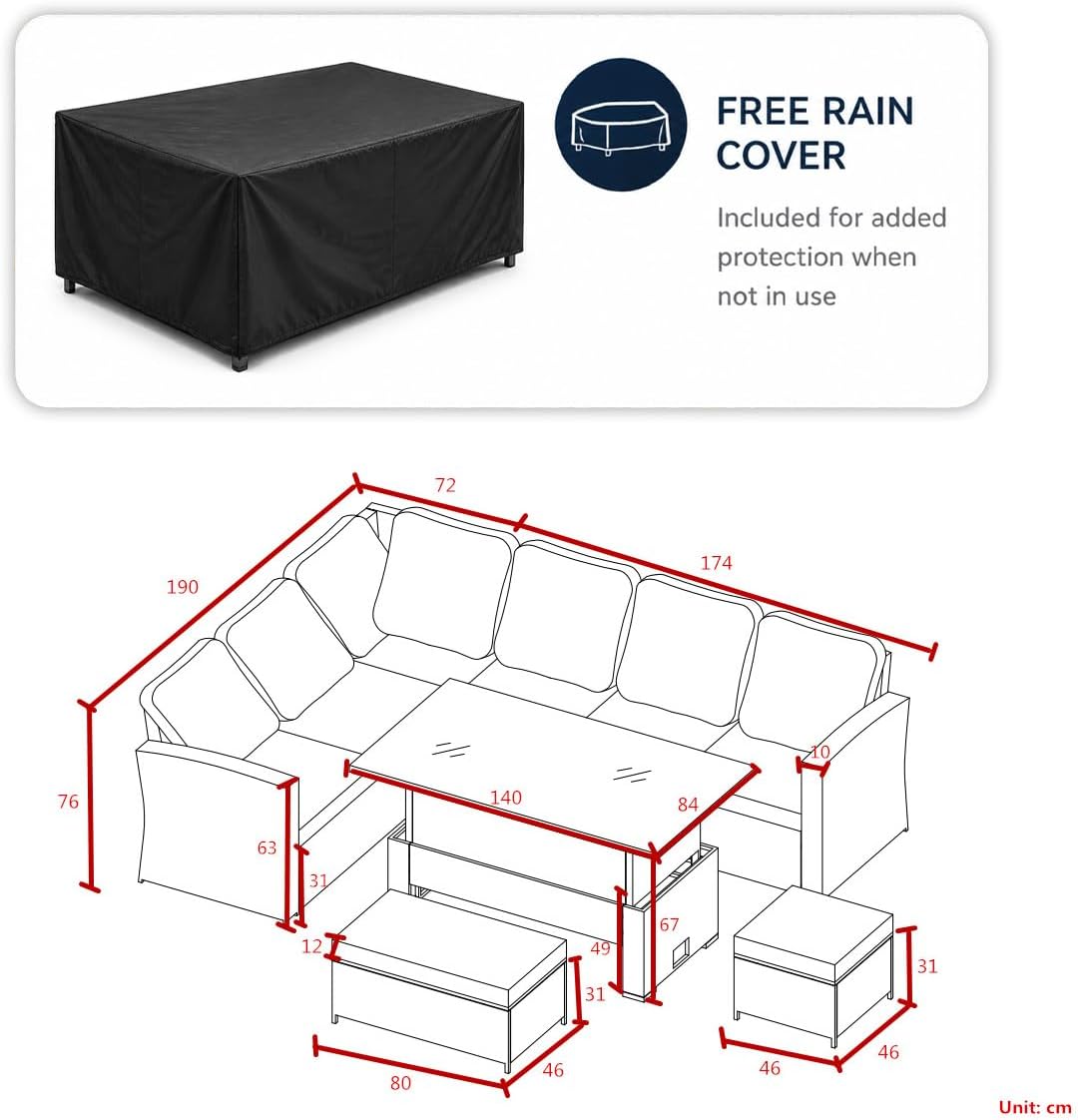 9 Seater Rattan Garden Furniture Set with Height Adjustable Rising Table - Outdoor Furniture Rattan Corner Sofa - Garden Patio Sets - FREE COVER INCLUDED (Dark Grey Mixed with Dark Grey Cushions)
