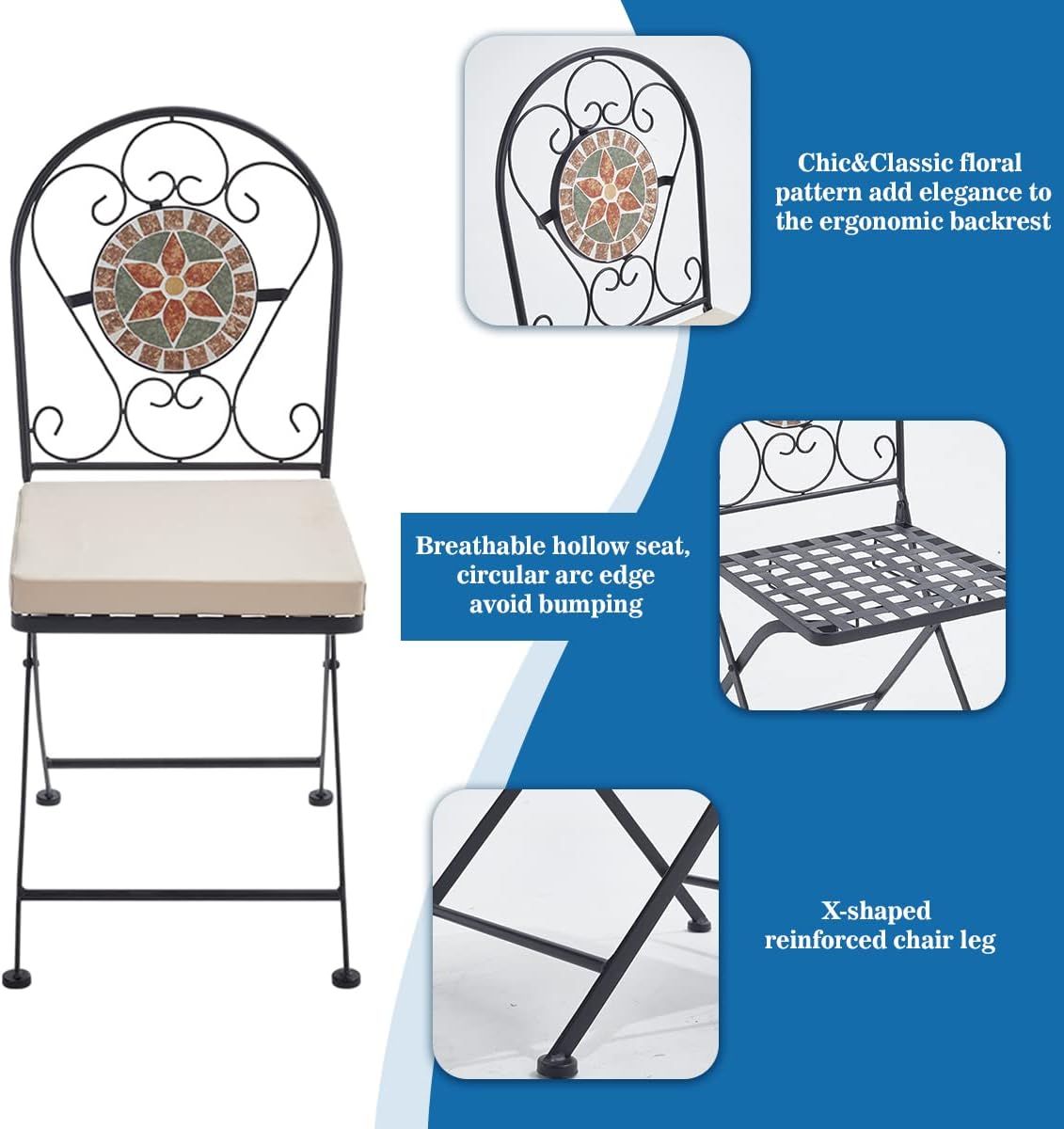 Set Mosaic Table and Chairs Garden Dining Table 2 Folding Chairs with Cushion Outdoor Coffee Table and Metal Chair Seat for Balcony