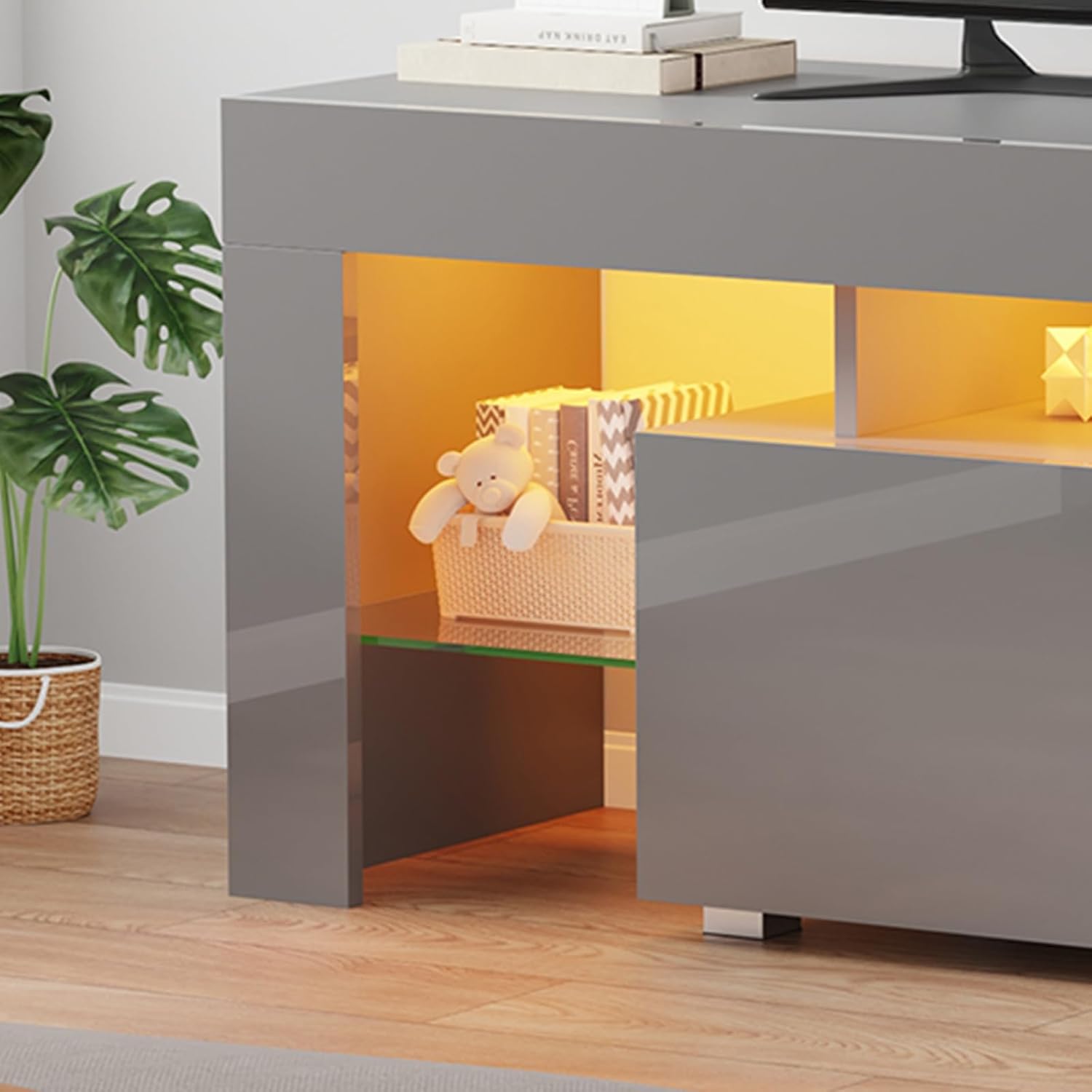 130cm High Gloss Grey TV Stand Cabinet With RGB LED Lights