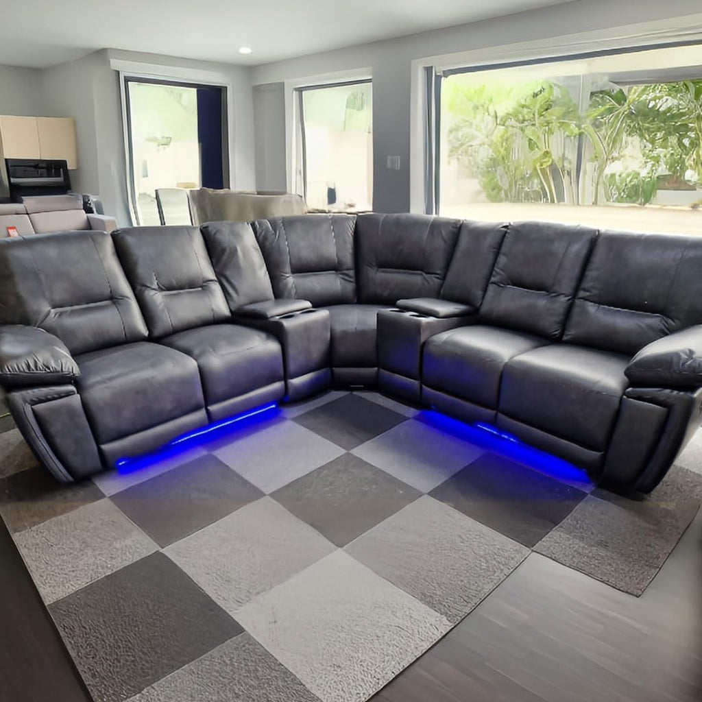 Leather Electric Recliner Sofa With Cupholders - Leather Corner Sofa - 3+2 Seater - USB Charging Ports - LED Lights - Grey(Corner)