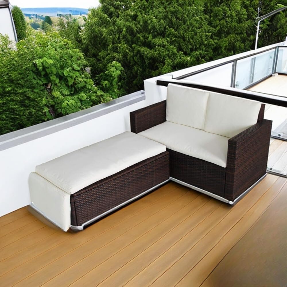 2 Seat Rattan Garden Furniture Patio Outdoor Sofa Set Daybed Sun Lounger with Cushions and Adjustable Footstool for Balconies Patios Conversation (Brown)