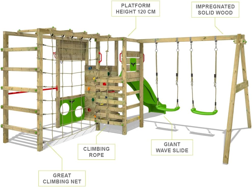 Wooden climbing frame ActionArena Air XXL with swing set &amp; apple green slide