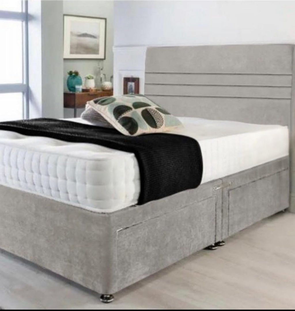 Grey Plush Divan Bed Set + Memory Mattress + 24" Matching Headboard * Storage Available (No Drawers