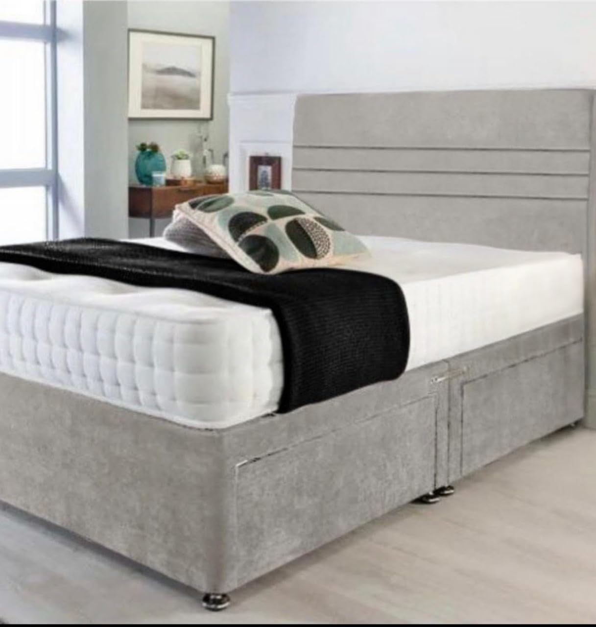 Grey Plush Divan Bed Set + Memory Mattress + 24" Matching Headboard * Storage Available (No Drawers