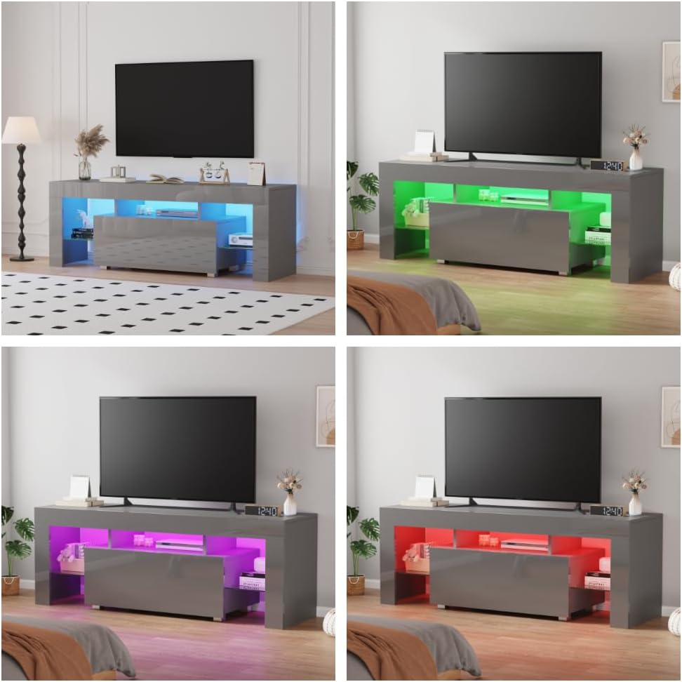 130cm High Gloss Grey TV Stand Cabinet With RGB LED Lights