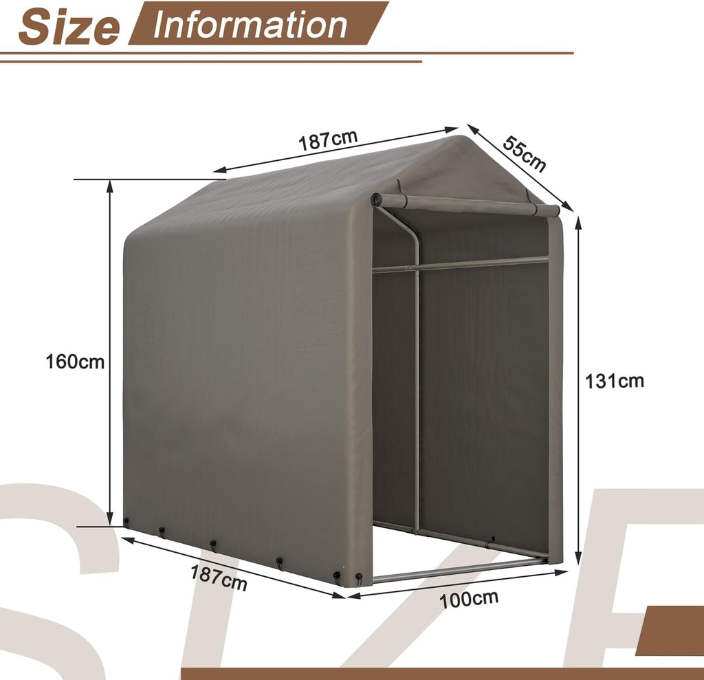 1.8M*1M Garden Waterproof Anti-UV Bike Storage Tent Bicycle Motorcycle Shed Shelter Outdoor Backyard Steel Frame PE Cover Zipper Door Small Grey