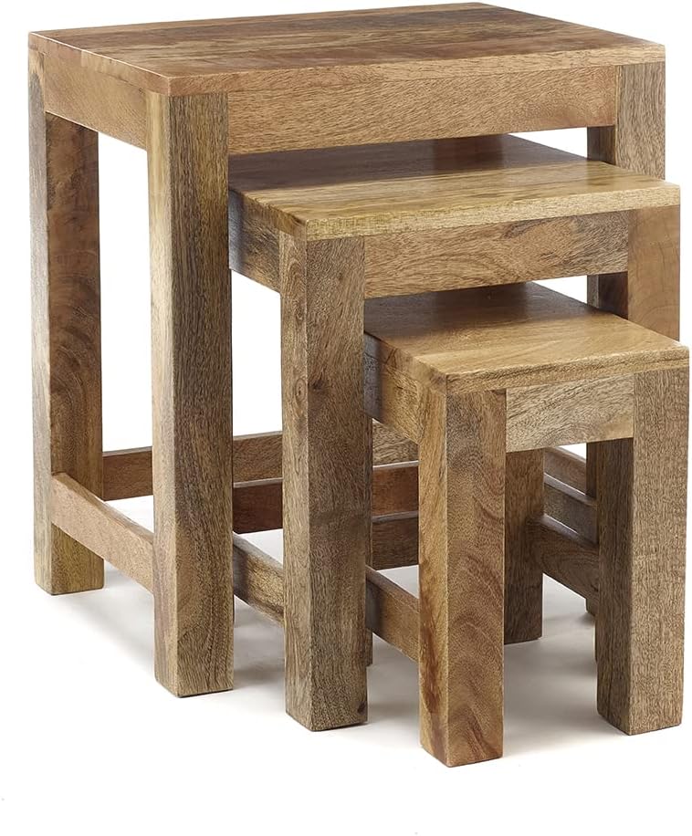Wood Nest Of Three 3 Tables End Side Lamp Table (Light)