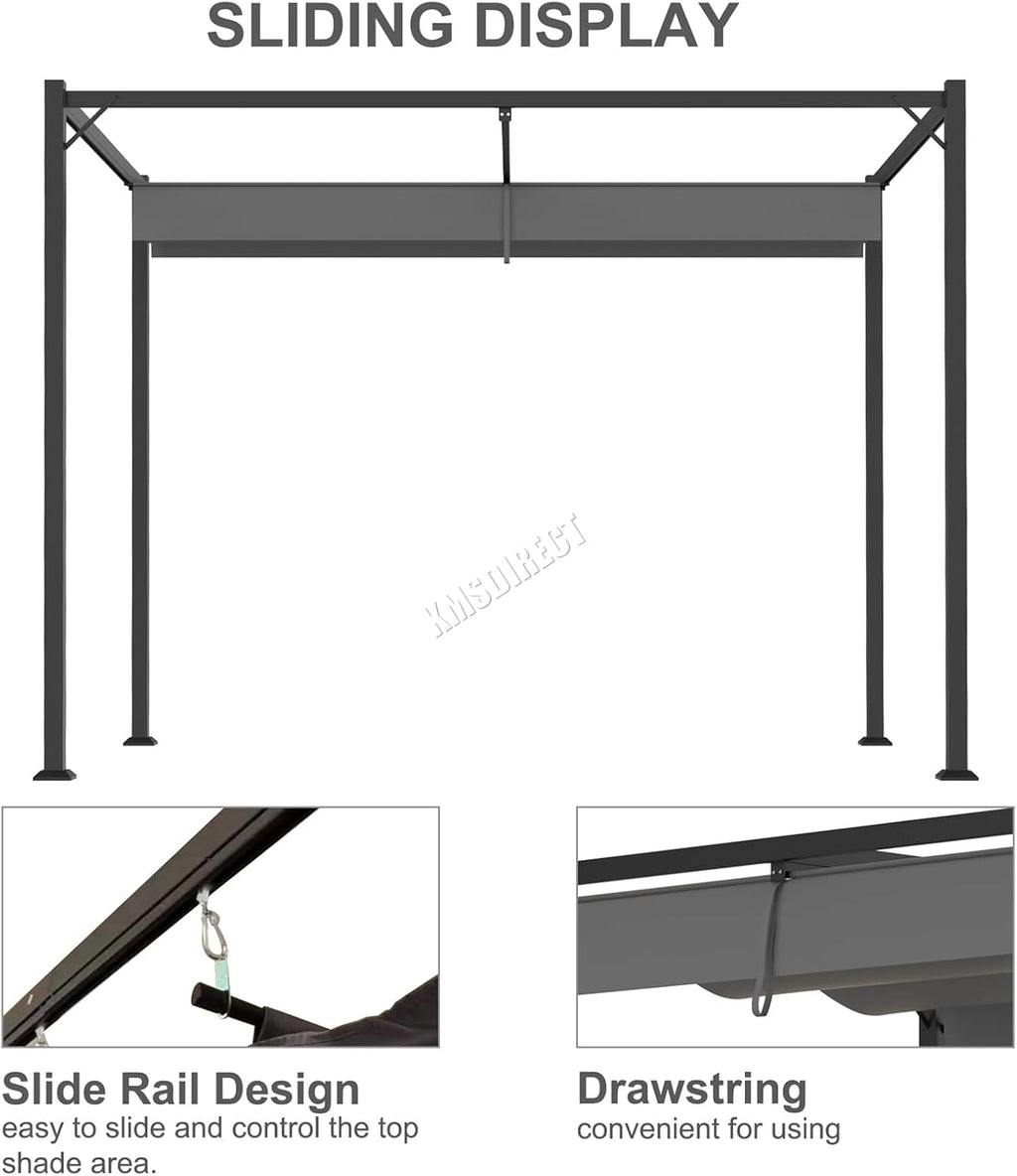 Pergola Gazebo 180g PE Polyester UV-Resistant Backyard Garden Sun Shade Roof Shelter Porch Awning Retractable Slide Canopy Outdoor Grape Trellis Patio 3X2M Grey