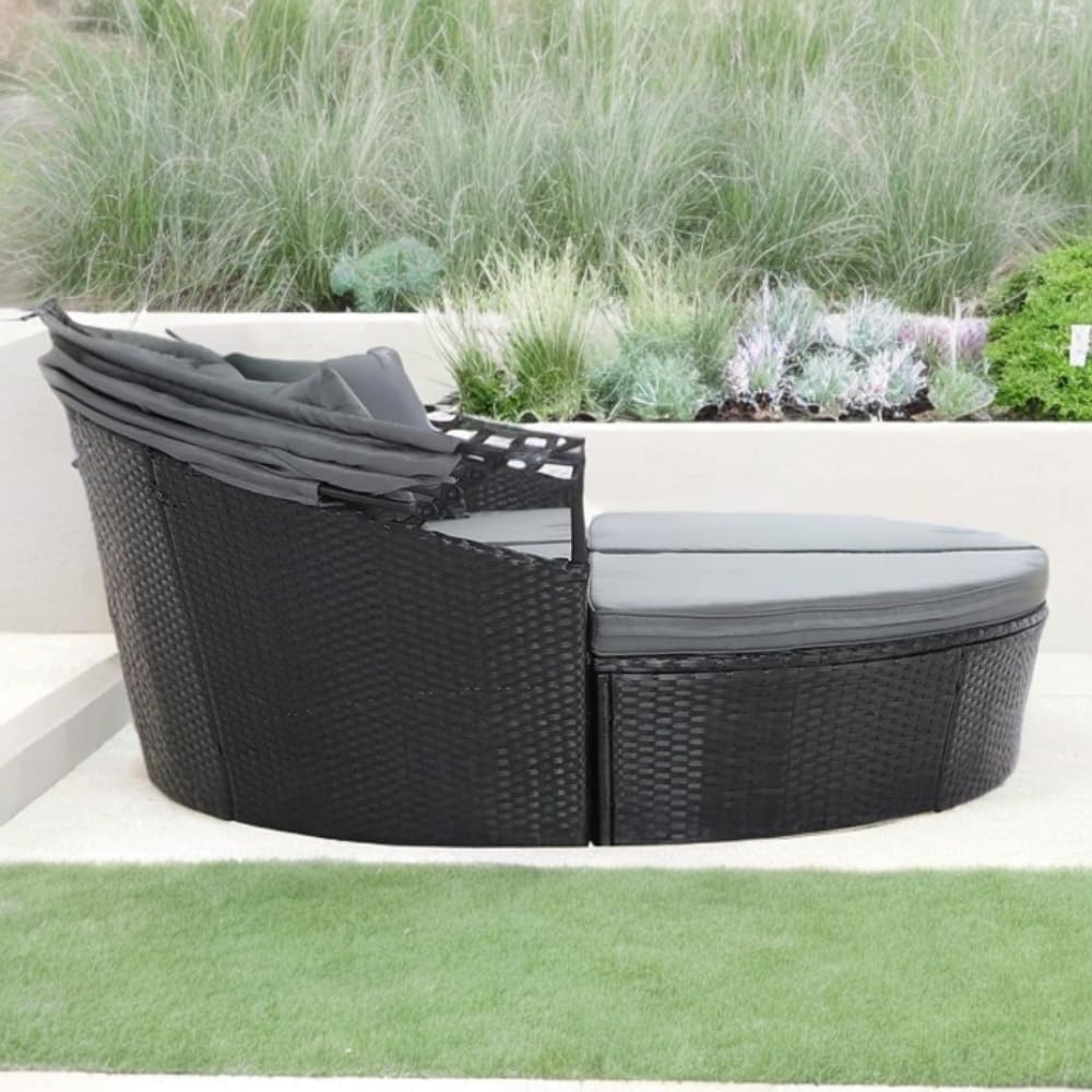 4 Piece Modular Round Rattan Wicker Patio Garden Furniture Daybed Sun Lounger Set with Extendable Canopy and Conversation Seat Cushions (Black)
