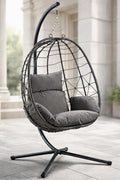 Folding Hanging Egg Chair INCLUDES WEATHERPROOF COVER - Outdoor and Indoor Rattan Weave Swing Chair Hammock - Hanging Chair (Grey with Grey Cushion)