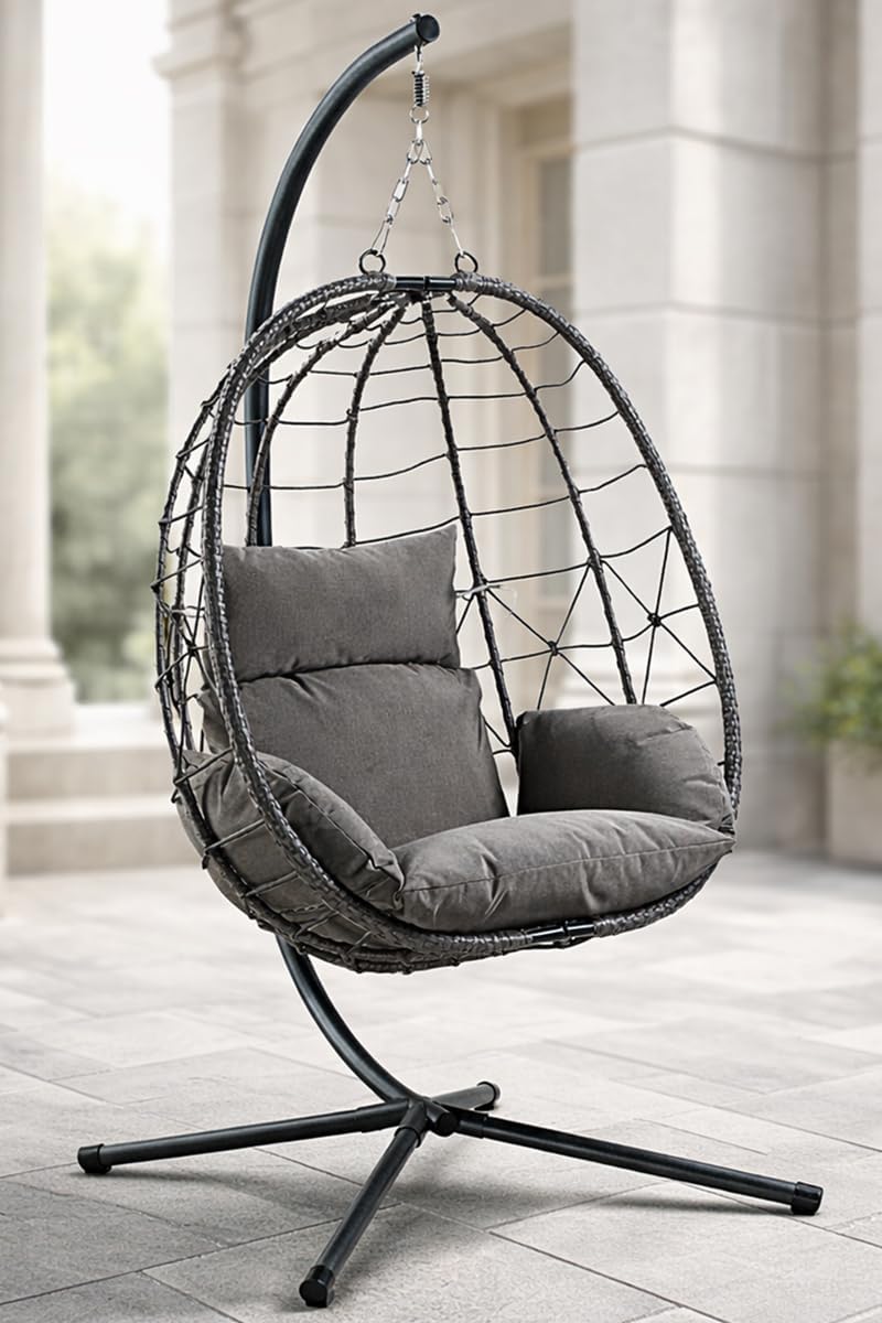 Folding Hanging Egg Chair INCLUDES WEATHERPROOF COVER - Outdoor and Indoor Rattan Weave Swing Chair Hammock - Hanging Chair (Grey with Grey Cushion)