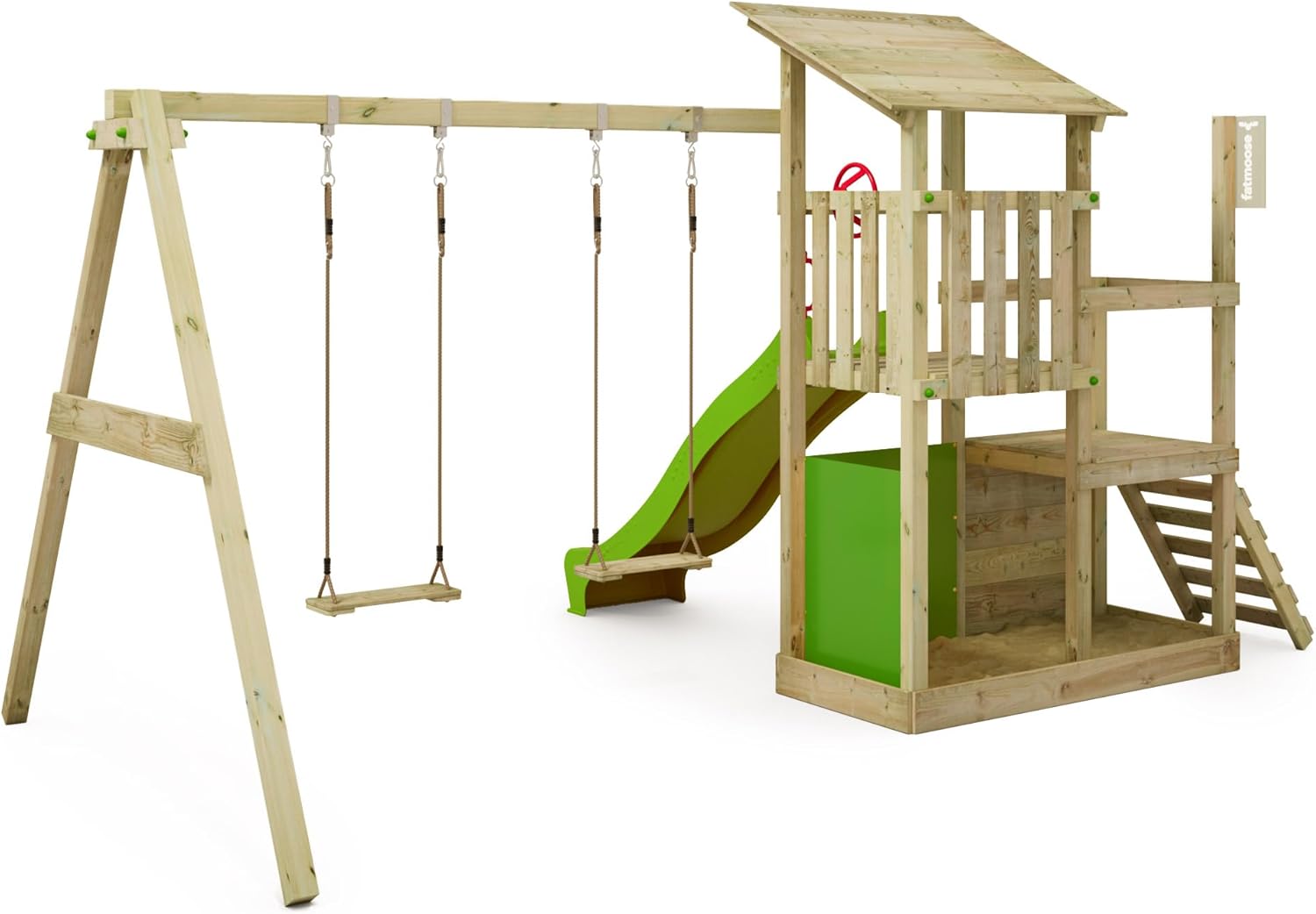 Wooden Climbing Frame FruityForest Fun XXL with Swing Set &amp; Apple Green Slide