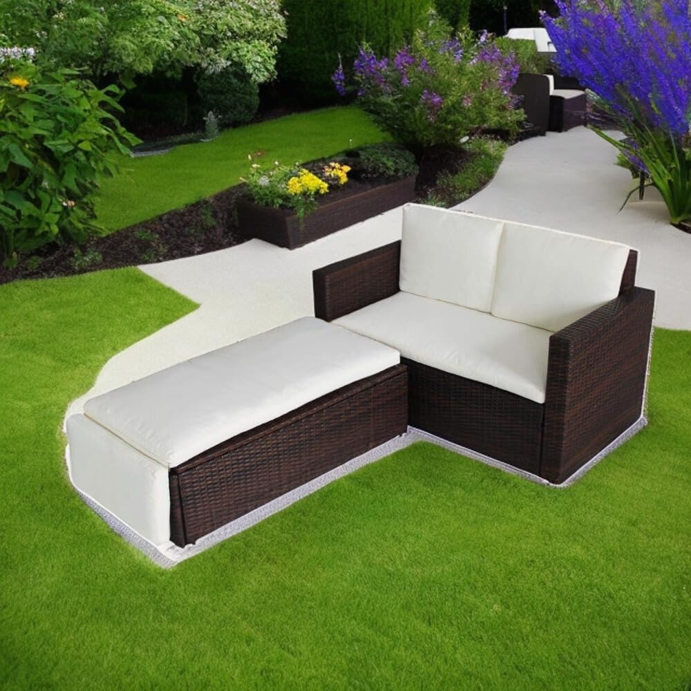 2 Seat Rattan Garden Furniture Patio Outdoor Sofa Set Daybed Sun Lounger with Cushions and Adjustable Footstool for Balconies Patios Conversation (Brown)