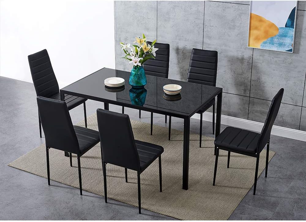 Glass Dining Table and Faux Leather Chairs Dining Room Kitchen Furniture Set (Table140cm + 6 Black Chairs)