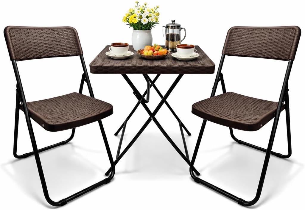Patio Bistro Garden Furniture Set - 3 Piece Rattan Effect Folding Table and Chairs - Heavy Duty Capacity