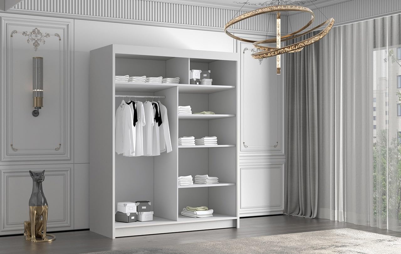 White Series 150 cm Sliding Door Wardrobe with Mirror Widths 100/120/150/180/200/250 cm Furniture for Bedroom Living Room Wardrobe with Hanging Rail