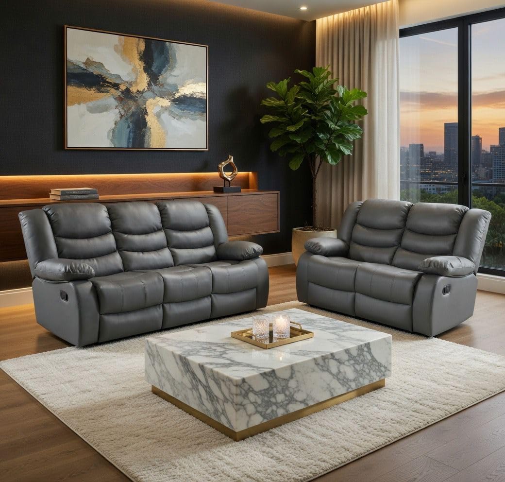 Leather Recliner Sofa with Cupholders - 3+2 Seater Sofa - Grey (Full set 3+2)