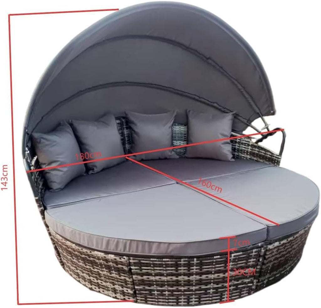 Bali 4 Piece Modular Round Rattan Wicker Patio Garden Furniture Daybed Sun Lounger Set with Extendable Canopy and Conversation Seat Cushions (Mixed Grey)