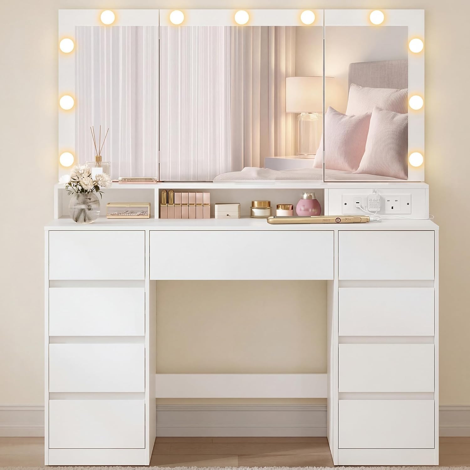 Dressing Table with Tri-Fold Mirror
