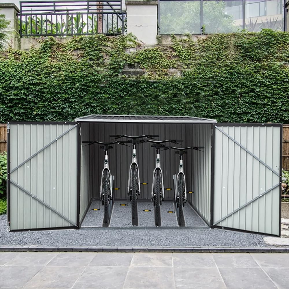 Metal Garden Shed Storage Bike Shed Pent Tool Shed House Galvanized Steel 4 Removable Gravity Locking Racks Can Put 4 Bicycles (4R)