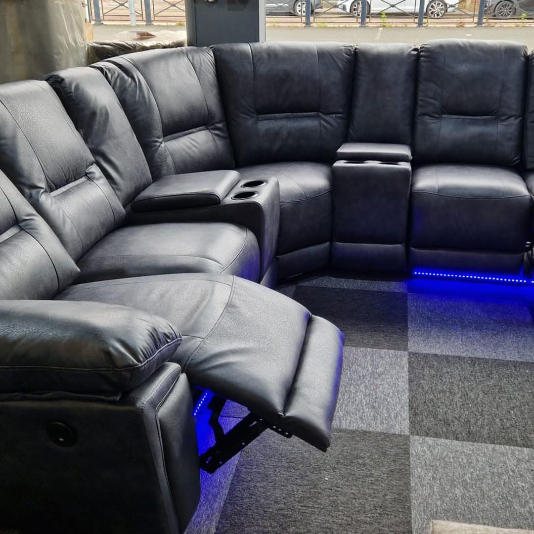 Leather Electric Recliner Sofa With Cupholders - Leather Corner Sofa - 3+2 Seater - USB Charging Ports - LED Lights - Grey(Corner)