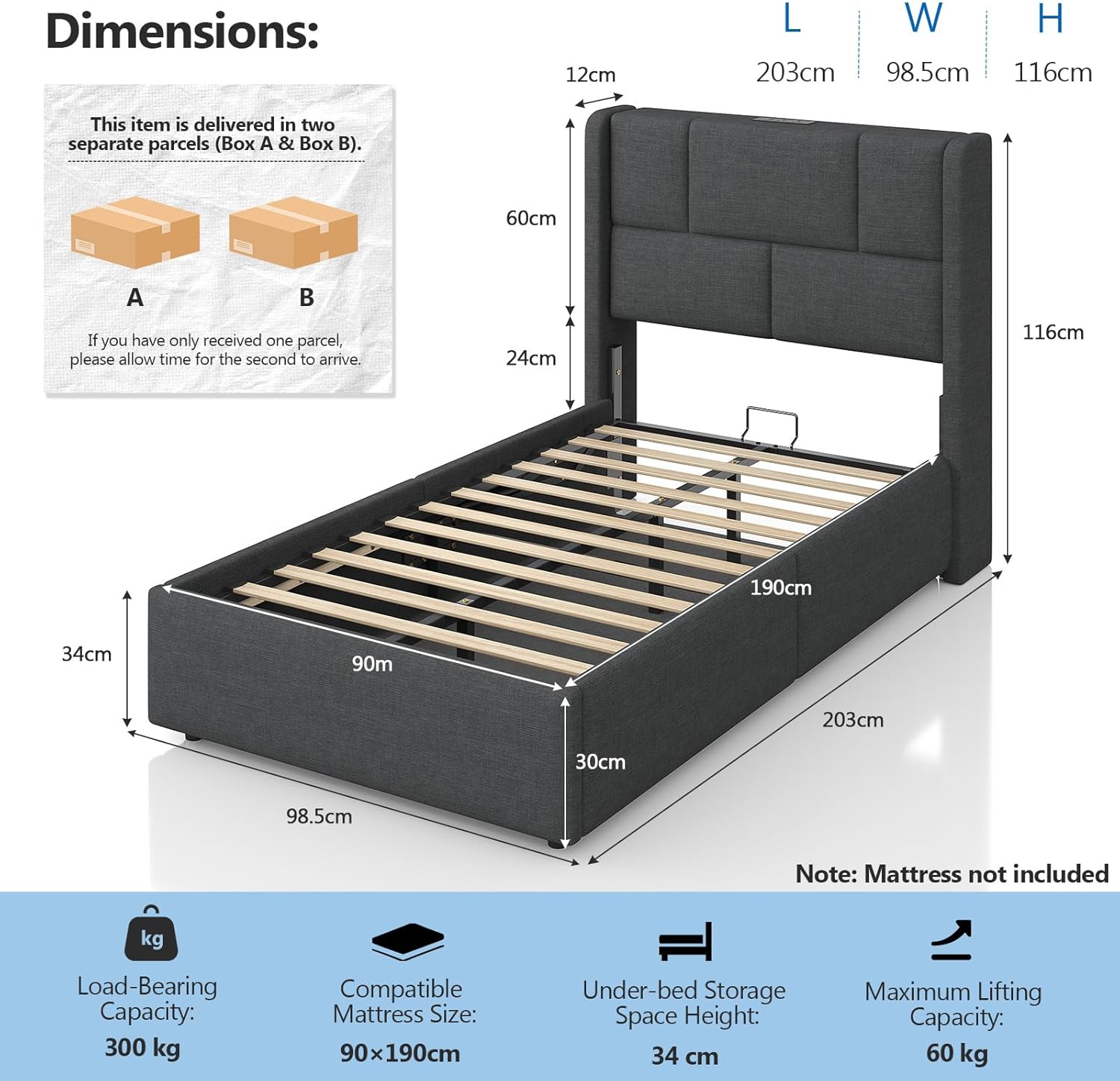 3ft Ottoman Single Bed Frame with Hydraulic Lift-Up Storage