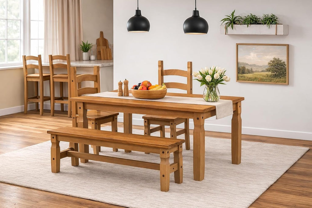 Corona Large Extending Dining Table &amp; 6 Chairs Set Solid Wood Pine Wooden Large Kitchen Mexican Style 76cm High 160/200cm Wide 91cm Deep