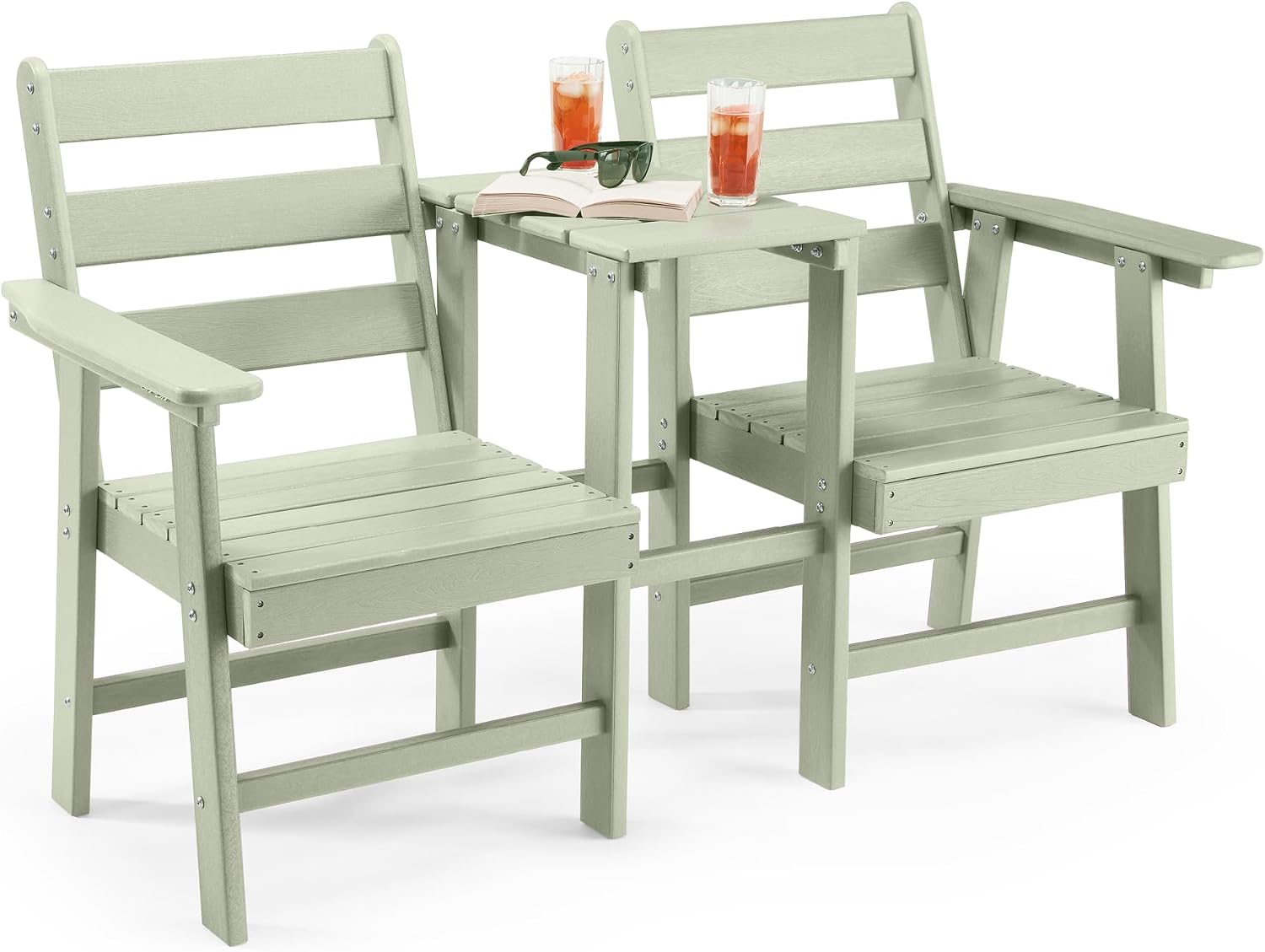 Seat for Garden - 2 Seater Sage Green Jack &amp; Jill Loveseat Patio Set - 2 Person HDPE Companion Set with Built-in Parasol Hole for Terrace