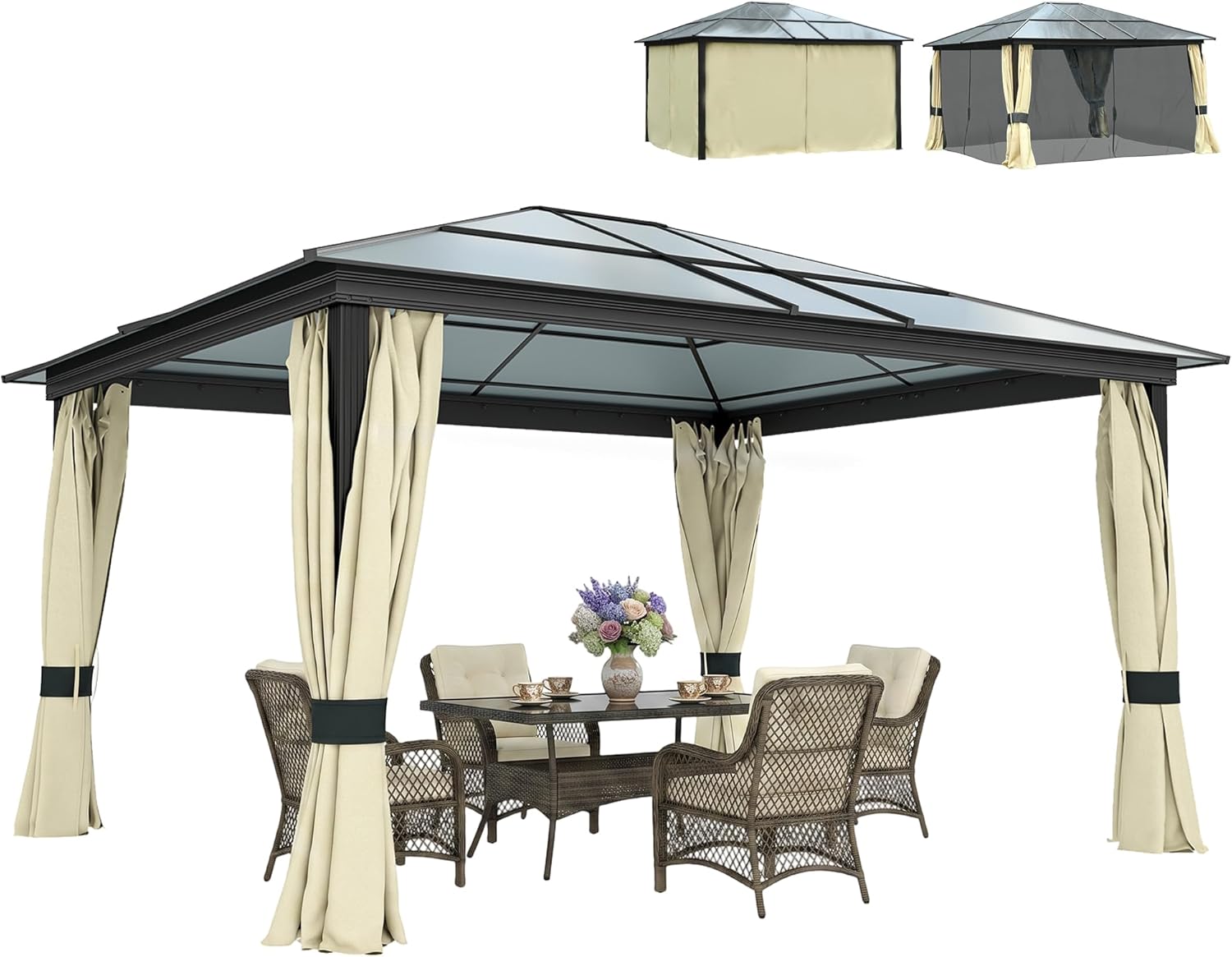3.6 x 4m Hardtop Gazebo Canopy with Polycarbonate Roof and Aluminium Frame